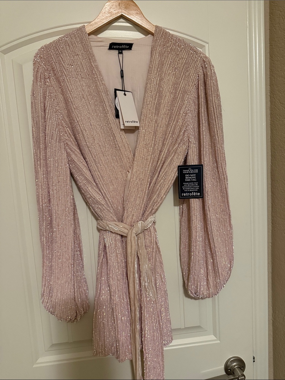 Retrofete Pale Pink Metallic Wrap Blazer with Self-Tie - Anthropologie